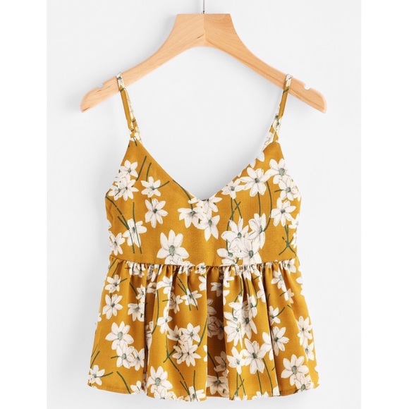 MUSTARD FLORAL PRINTED SPAGHETTI STRAP BABYDOLL TOP - Picture 2 of 8